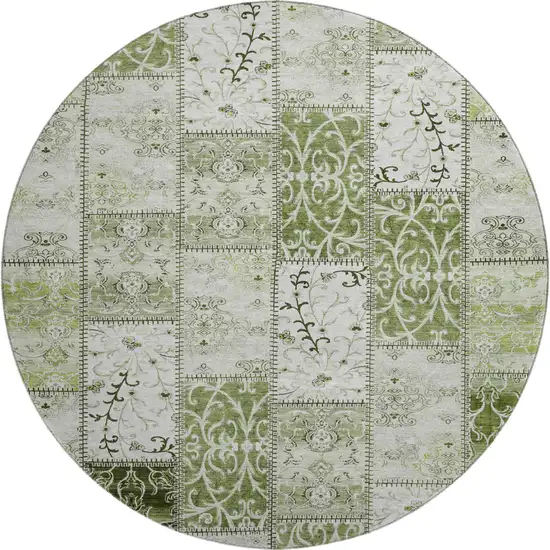 8' Green And Ivory Patchwork Washable Round Rug With UV Protection Photo 1
