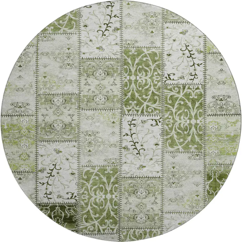 8' Green And Ivory Patchwork Washable Round Rug With UV Protection Photo 1
