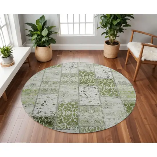 8' Green And Ivory Patchwork Washable Round Rug With UV Protection Photo 2