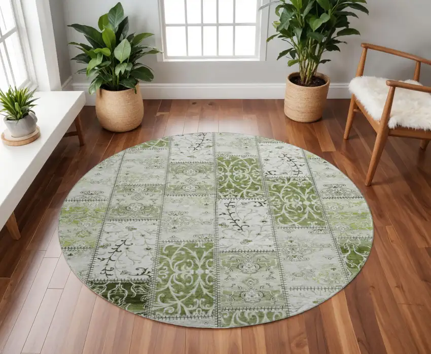 8' Green And Ivory Patchwork Washable Round Rug With UV Protection Photo 2