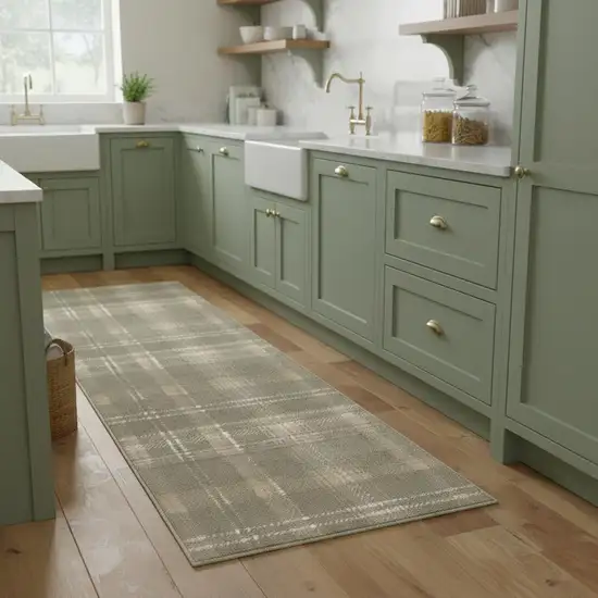 8' Green And Ivory Plaid Runner Rug Photo 1