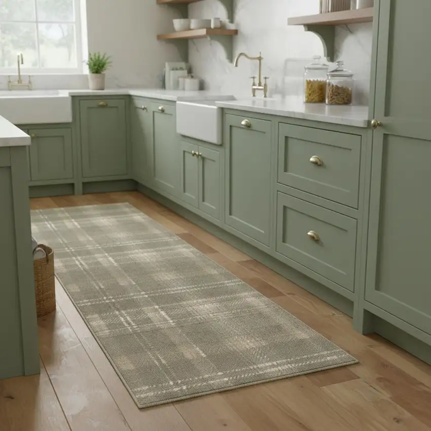 8' Green And Ivory Plaid Runner Rug Photo 1