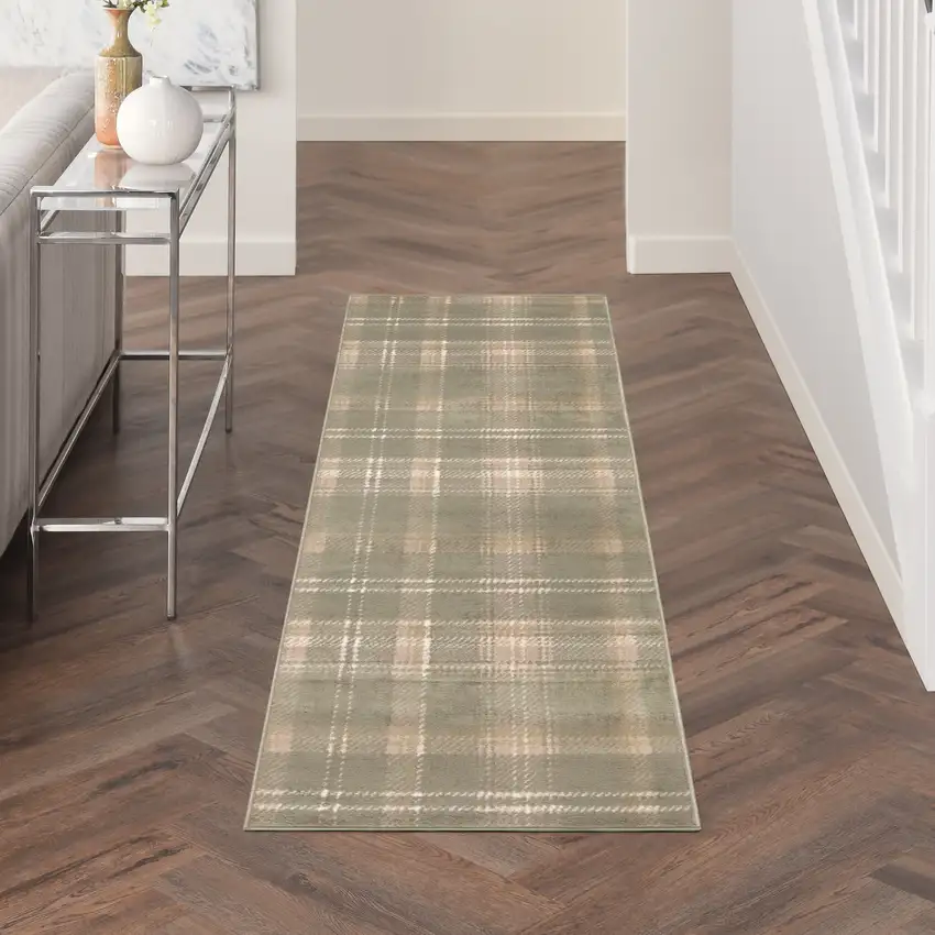 8' Green And Ivory Plaid Runner Rug Photo 5