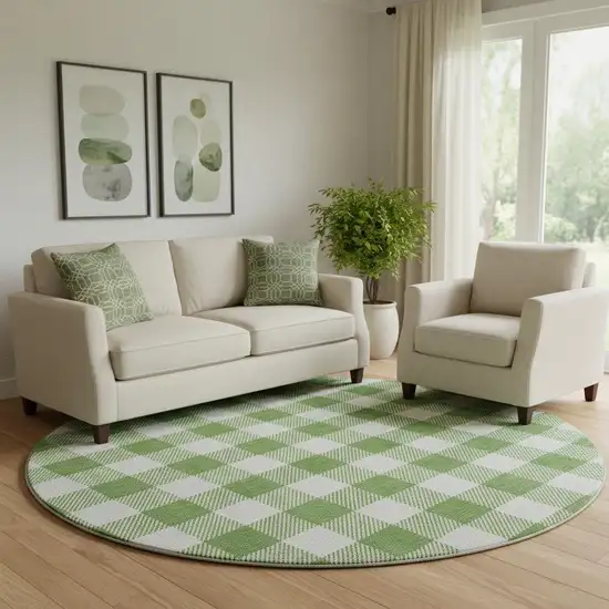 8' Green And Ivory Plaid Washable Round Rug With UV Protection Photo 1
