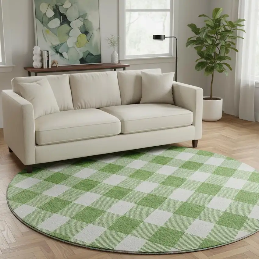 8' Green And Ivory Plaid Washable Round Rug With UV Protection Photo 2