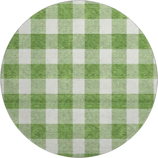 8' Green And Ivory Plaid Washable Round Rug With UV Protection Photo 1