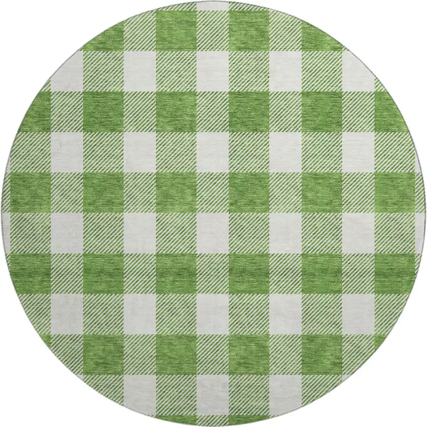 8' Green And Ivory Plaid Washable Round Rug With UV Protection Photo 1