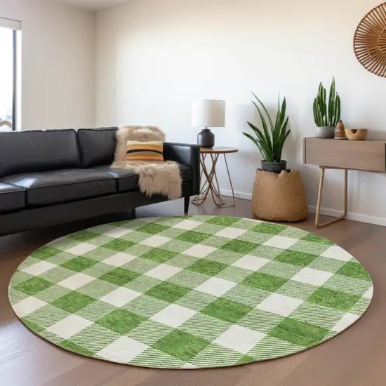 8' Green And Ivory Plaid Washable Round Rug With UV Protection Photo 4