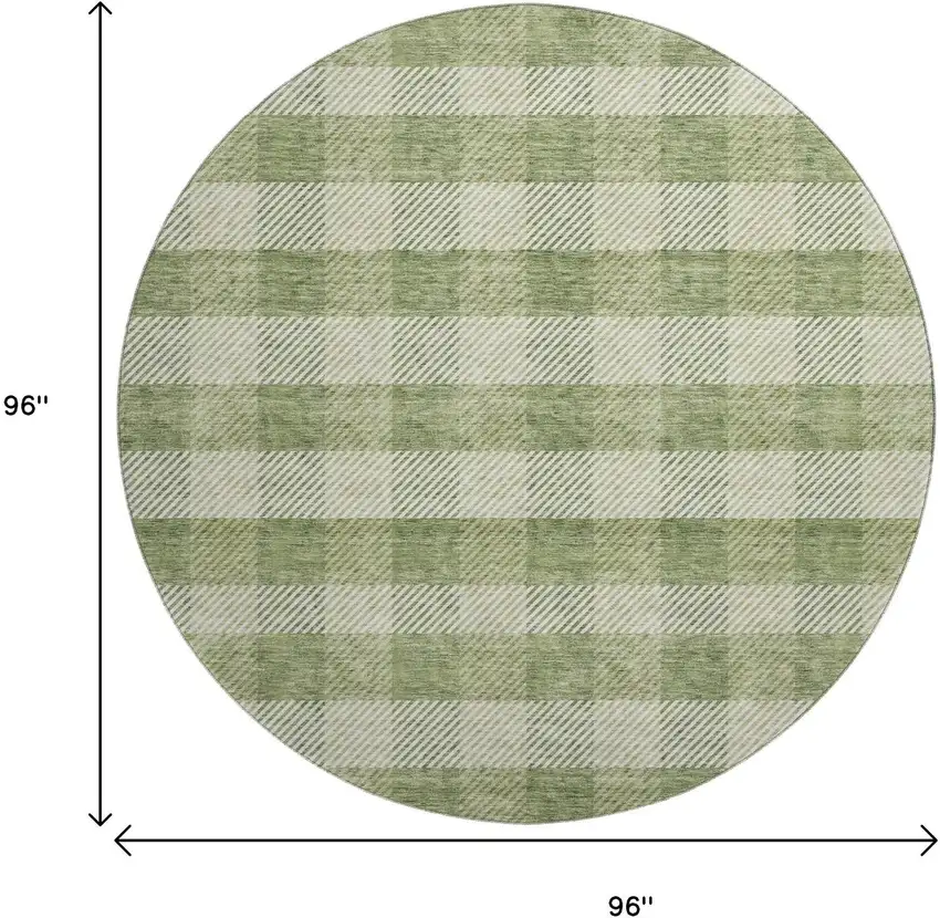 8' Green And Ivory Plaid Washable Round Rug With UV Protection Photo 8