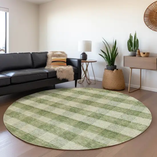 8' Green And Ivory Plaid Washable Round Rug With UV Protection Photo 3