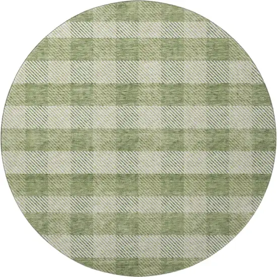 8' Green And Ivory Plaid Washable Round Rug With UV Protection Photo 2