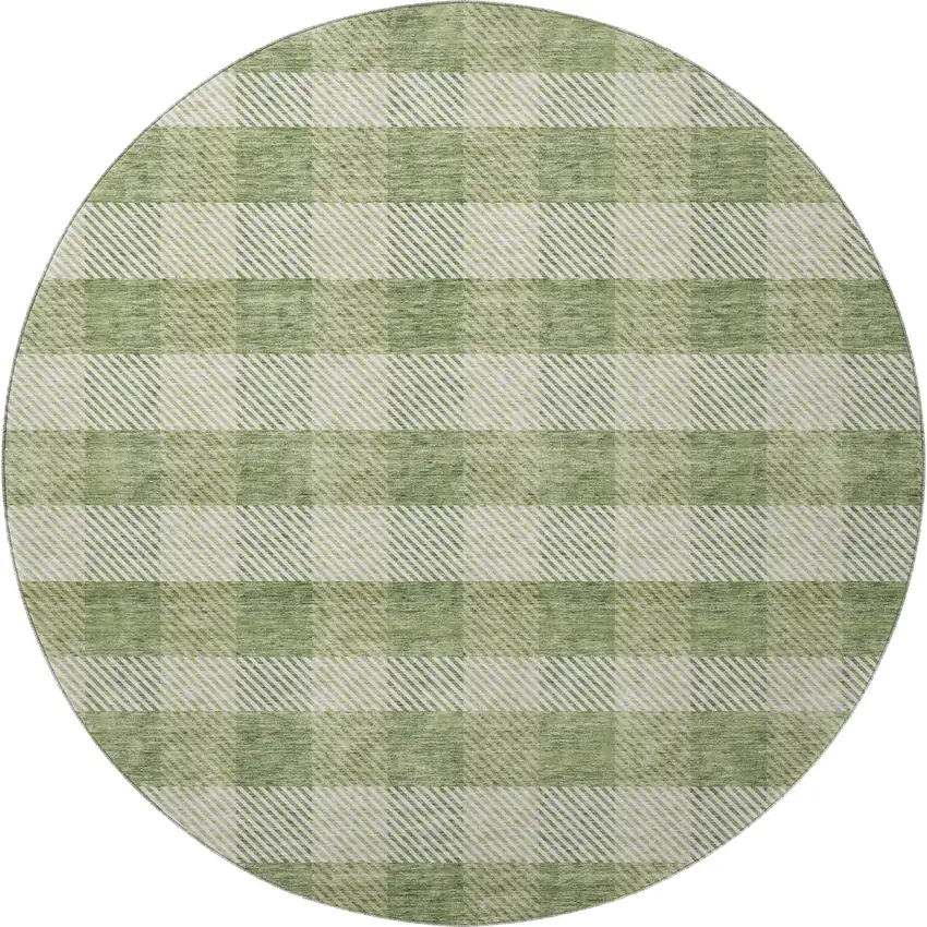 8' Green And Ivory Plaid Washable Round Rug With UV Protection Photo 2