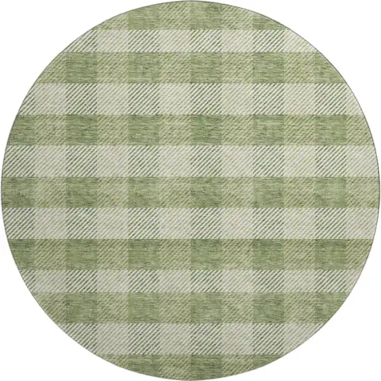 8' Green And Ivory Plaid Washable Round Rug With UV Protection Photo 1