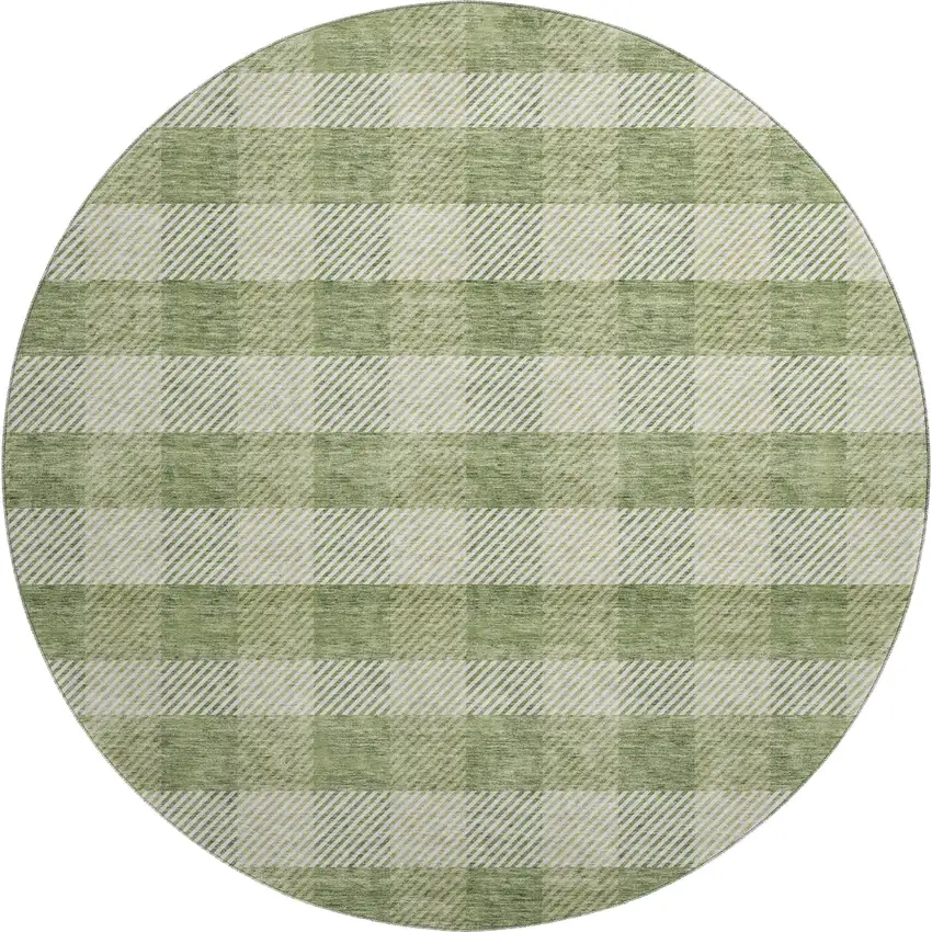 8' Green And Ivory Plaid Washable Round Rug With UV Protection Photo 1