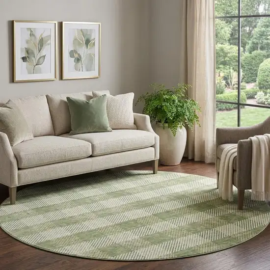 8' Green And Ivory Plaid Washable Round Rug With UV Protection Photo 1
