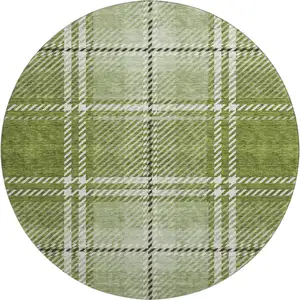 Photo of 8' Green And Ivory Plaid Washable Round Rug With UV Protection