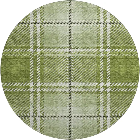 8' Green And Ivory Plaid Washable Round Rug With UV Protection Photo 1