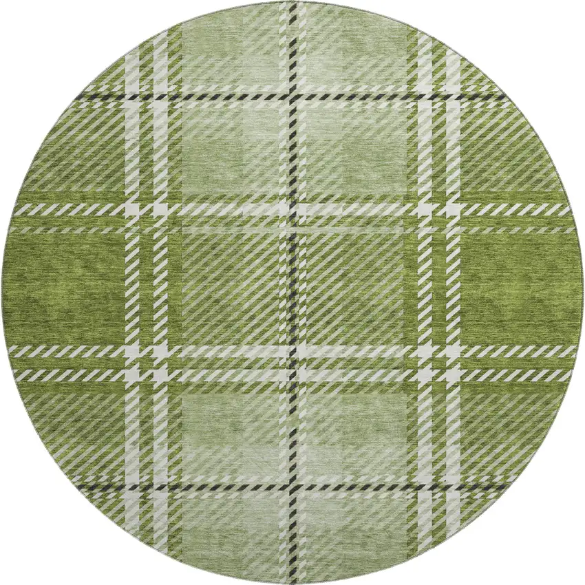 8' Green And Ivory Plaid Washable Round Rug With UV Protection Photo 1
