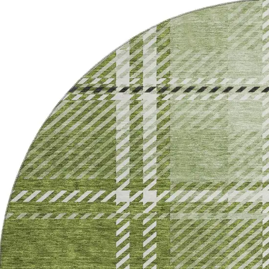 8' Green And Ivory Plaid Washable Round Rug With UV Protection Photo 3
