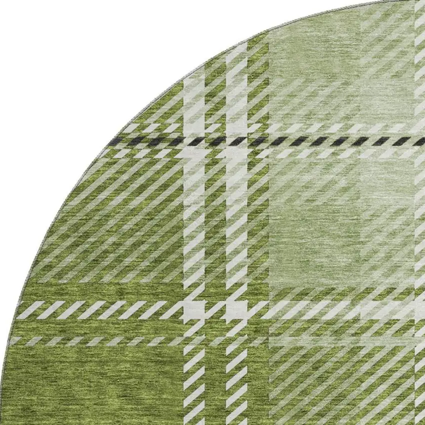 8' Green And Ivory Plaid Washable Round Rug With UV Protection Photo 3