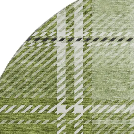 8' Green And Ivory Plaid Washable Round Rug With UV Protection Photo 2