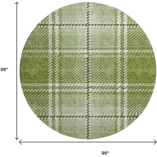 8' Green And Ivory Plaid Washable Round Rug With UV Protection Photo 9