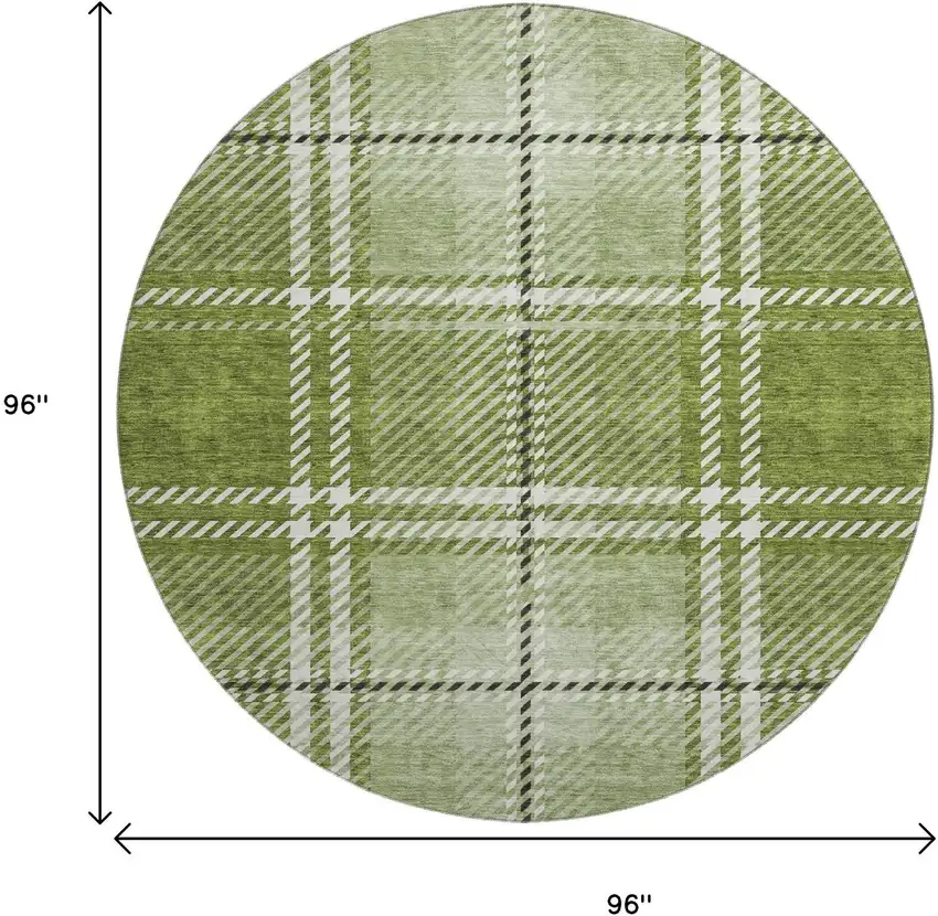 8' Green And Ivory Plaid Washable Round Rug With UV Protection Photo 9
