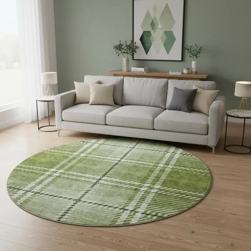 8' Green And Ivory Plaid Washable Round Rug With UV Protection Photo 2
