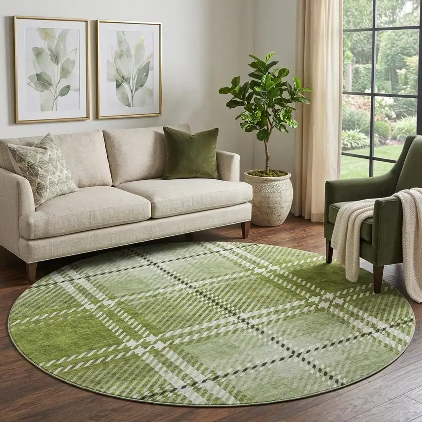 8' Green And Ivory Plaid Washable Round Rug With UV Protection Photo 1