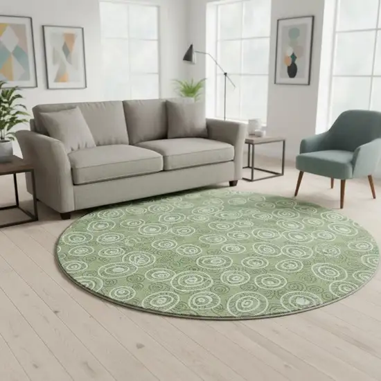 8' Green And Ivory Polka Dot Washable Round Rug With UV Protection Photo 2