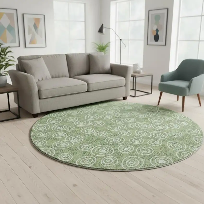 8' Green And Ivory Polka Dot Washable Round Rug With UV Protection Photo 2