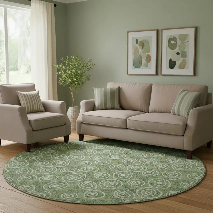 8' Green And Ivory Polka Dot Washable Round Rug With UV Protection Photo 1