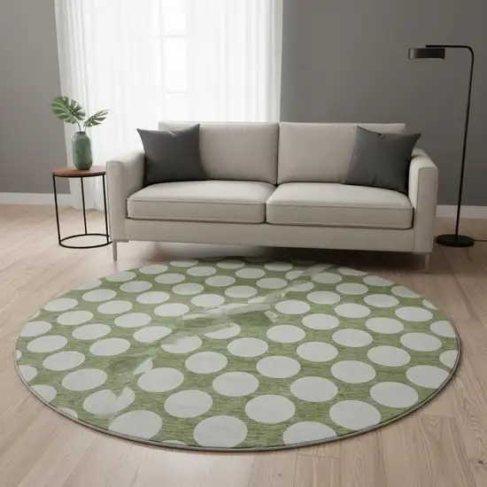 8' Green And Ivory Polka Dot Washable Round Rug With UV Protection Photo 2