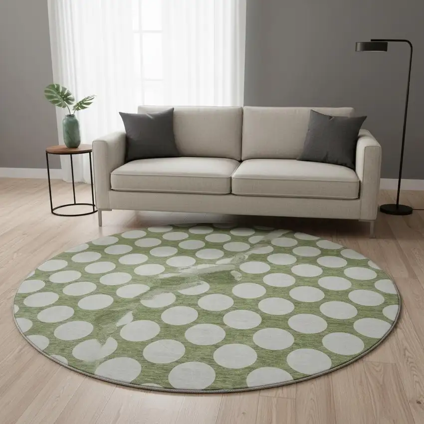 8' Green And Ivory Polka Dot Washable Round Rug With UV Protection Photo 2