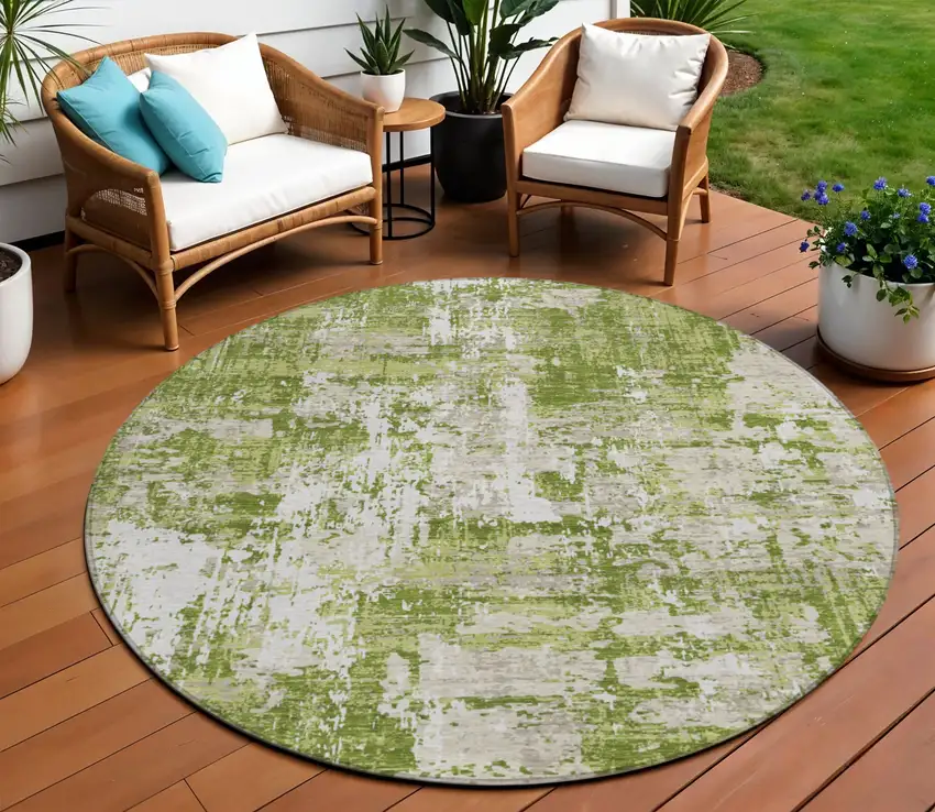 8' Green And Ivory Round Abstract Washable Indoor Outdoor Area Rug Photo 1