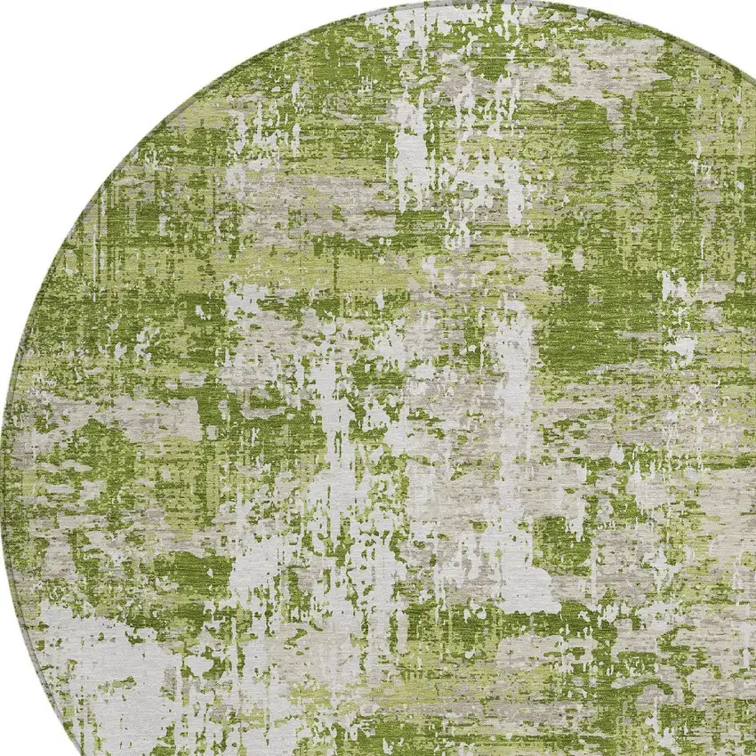 8' Green And Ivory Round Abstract Washable Indoor Outdoor Area Rug Photo 4