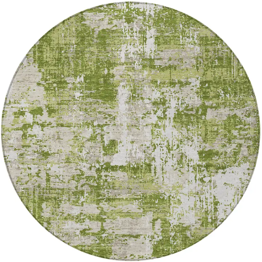 8' Green And Ivory Round Abstract Washable Indoor Outdoor Area Rug Photo 5
