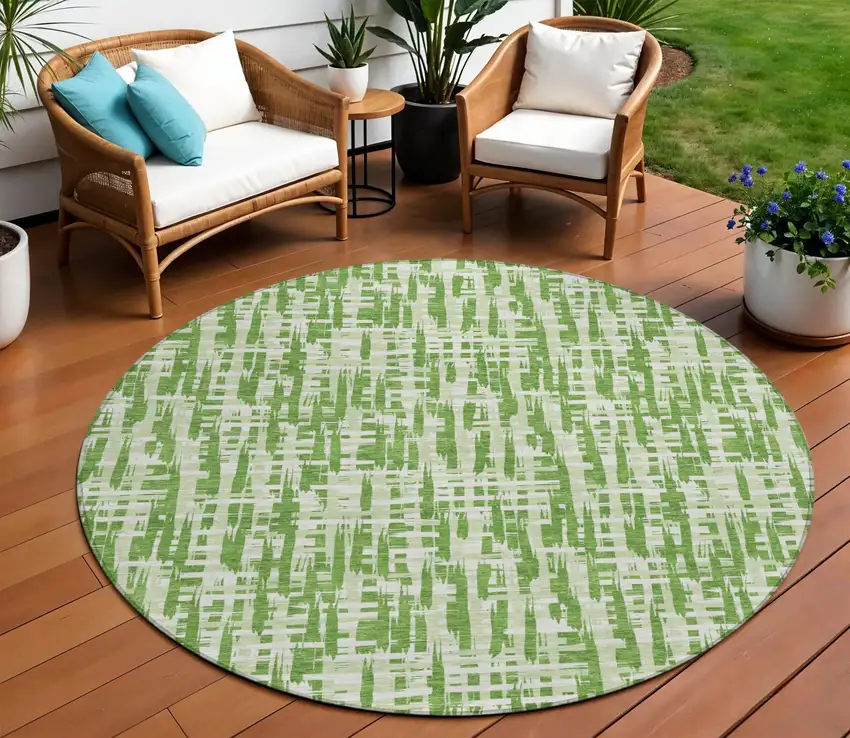 8' Green And Ivory Round Abstract Washable Indoor Outdoor Area Rug Photo 1