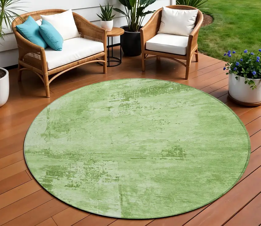 8' Green And Ivory Round Abstract Washable Indoor Outdoor Area Rug Photo 1