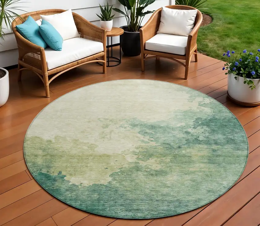 8' Green And Ivory Round Abstract Washable Indoor Outdoor Area Rug Photo 1