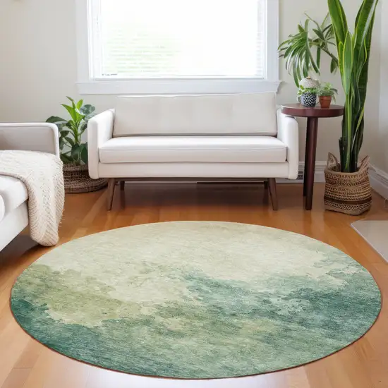 8' Green And Ivory Round Abstract Washable Indoor Outdoor Area Rug Photo 8