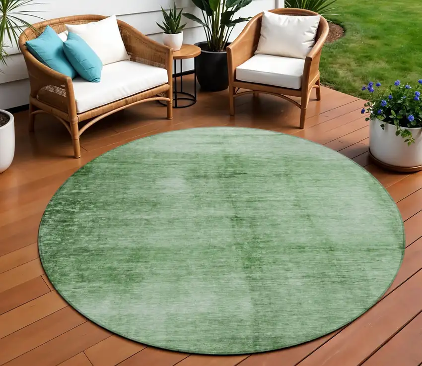 8' Green And Ivory Round Abstract Washable Indoor Outdoor Area Rug Photo 2