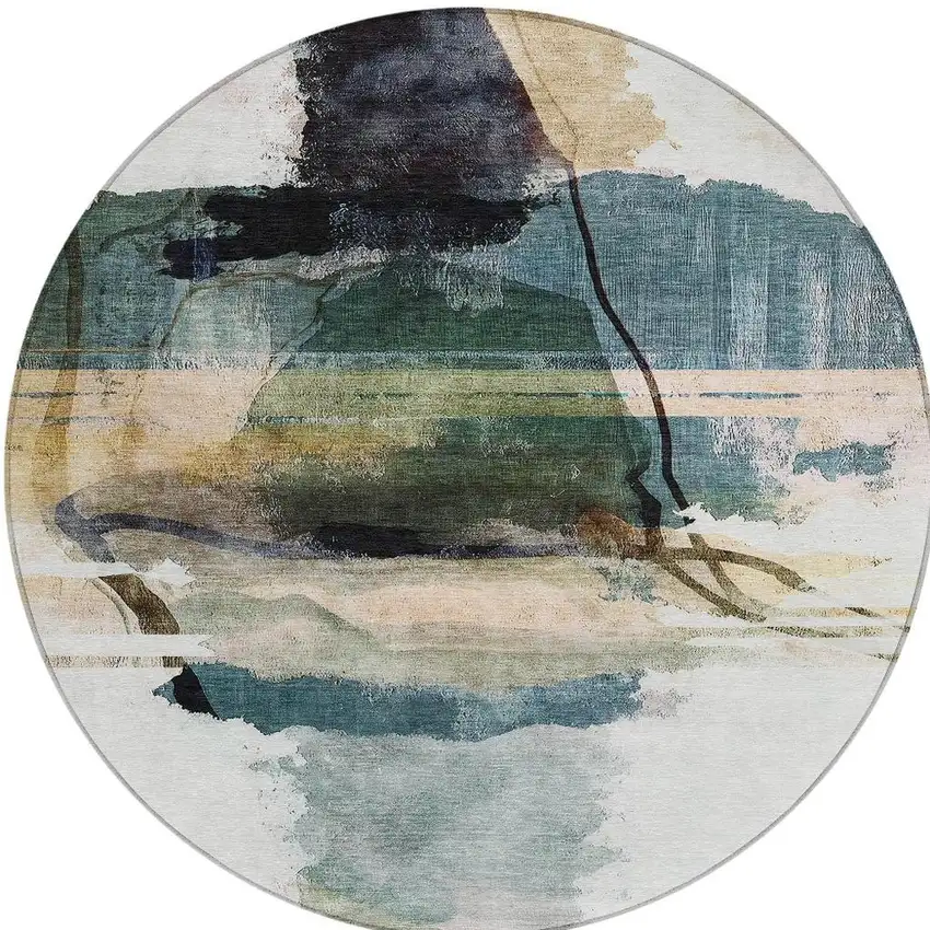 8' Green And Ivory Round Abstract Washable Indoor Outdoor Area Rug Photo 7