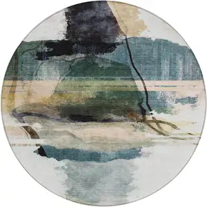 Photo of 8' Green And Ivory Round Abstract Washable Indoor Outdoor Area Rug