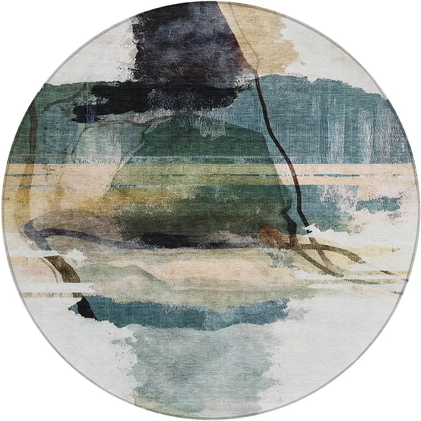 8' Green And Ivory Round Abstract Washable Indoor Outdoor Area Rug Photo 1