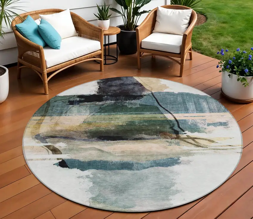 8' Green And Ivory Round Abstract Washable Indoor Outdoor Area Rug Photo 2