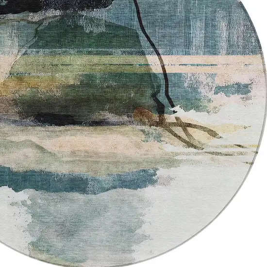 8' Green And Ivory Round Abstract Washable Indoor Outdoor Area Rug Photo 3