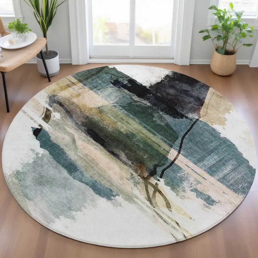 8' Green And Ivory Round Abstract Washable Indoor Outdoor Area Rug Photo 6