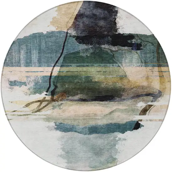 8' Green And Ivory Round Abstract Washable Indoor Outdoor Area Rug Photo 4