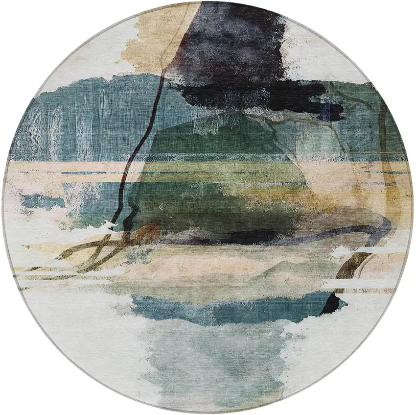 8' Green And Ivory Round Abstract Washable Indoor Outdoor Area Rug Photo 4